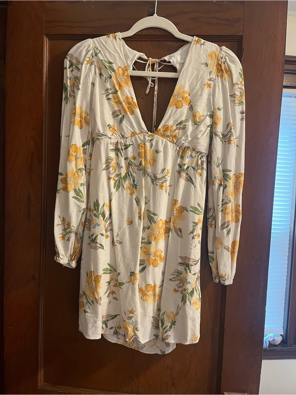 Sage White Mini Dress with Yellow Floral Print